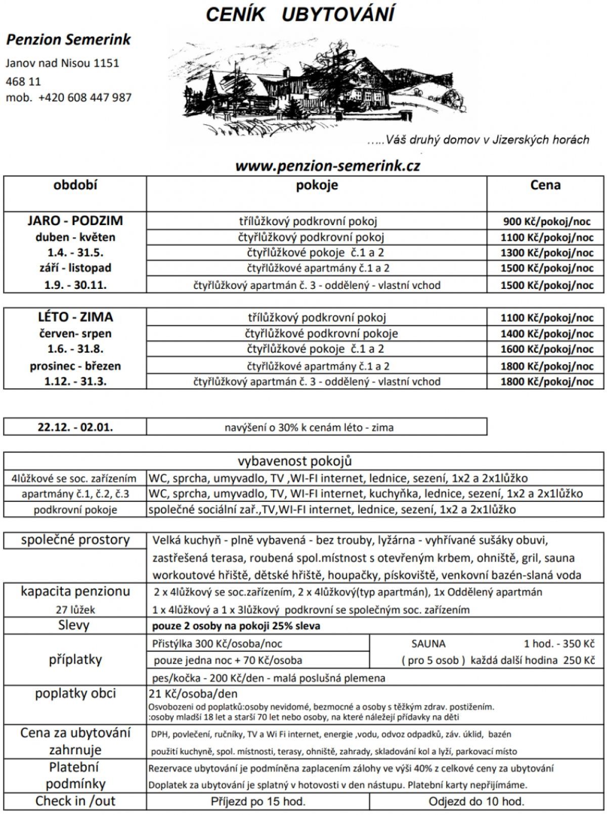 Ceník Penzion Semerink Jizerské Hory 